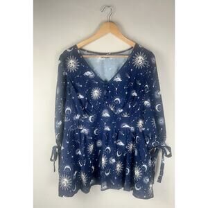 Bloomchic Blue White Tie Sleeve Womens Sz 12 Celestial Horoscope Zodiac Shirt